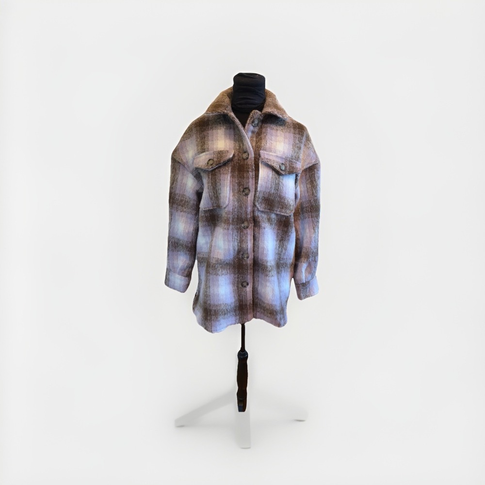 Bagatelle Collection Plaid Teddy Shacket Jacket Cream/ Purple Sz Small Oversized